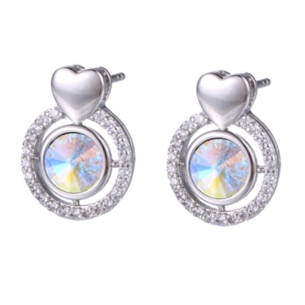 Silvertone Dainty Circle Heart Stud Earrings with Swarovski Crystals in AB